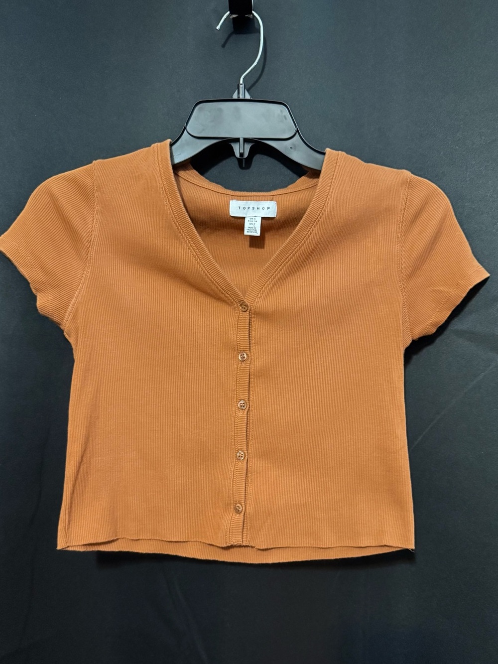 Topshop Rust-Orange Ribbed Short Sleeve Button Crop Top